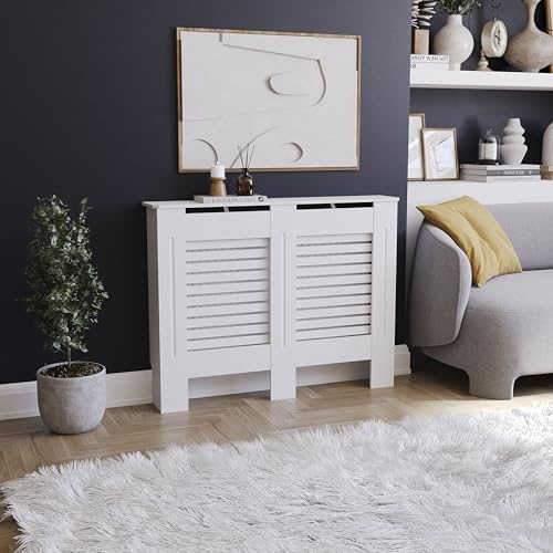 Vida Designs Milton Cubierta de radiador Blanco - Mediano - Lamas horizontales Modernas para Mejor circulación del Calor - H82xW111xD19cm - MDF Pintado para salón y Pasillo