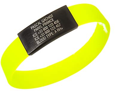 ICEstripe Notfall ID Armband Personalisierte Benutzerdefinierte Medizinische Alarm Armband mit Schwarz Edelstahlplatte inkl. Kostenlose Gravur nach Wunsch Sport ID (Fluo Limonengrün, 152)