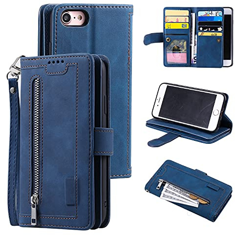 UEEBAI Coque pour pour iPhone SE 2022 5G/iPhone 7/iPhone 8/iPhone SE 2020, Etui en Cuir PU Rétro Flip Case Anti-Choc Housse avec Fentes de Cartes Fonction Support, pour iPhone SE3/SE2 - Bleu