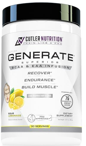 Cutler Nutrition Generate EAA and BCAA Powder: Best Branched Chain Amino Acids Supplement with Essential Amino Acids, 5g BCAAs, 2g EAAs for Lean Muscle Mass | Sour Lemonade, 30 Servings