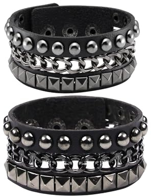MILAKOO 2 Stücke breiter Lederarmband Set schwarze Nietenarmbänder mit Ketten Gothic Punk armband
