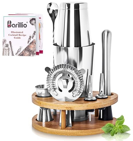 Barillio Elite Mixology Bartender Kit with Stand - Cocktail Shaker Set with Bamboo Stand, Boston Drink Shaker, Mojito Muddler, and Drink Mixer Spoon - 9-Piece Bar Tools Set - Bar Accessories for Home