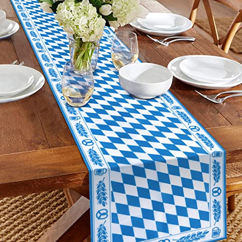 Fennoral Oktoberfest Tischläufer Waschbar Bayernraute Tischdekoration 35 x 183cm Bayerisch Blau Weiß Tischdecke für Oktoberfest drinnen und draußen Party Zubehör