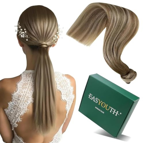 Easyouth Balayage Ponytail Echthaar Extensions Zopf Echthaar Darker Brown Mix Mittelbraun und Mittelblond Pferdeschwanz Extensions Remy Naturlich 70g 35 cm #3/8/22