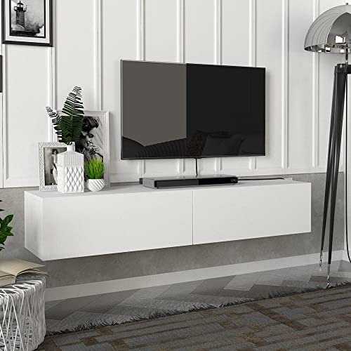 [en.casa] Mobile TV da Parete con 2 Ante a Ribalta Mensola Porta TV 135 x 31 x 25 cm Armadietto Pensile da Soggiorno Camera da Letto - Bianco