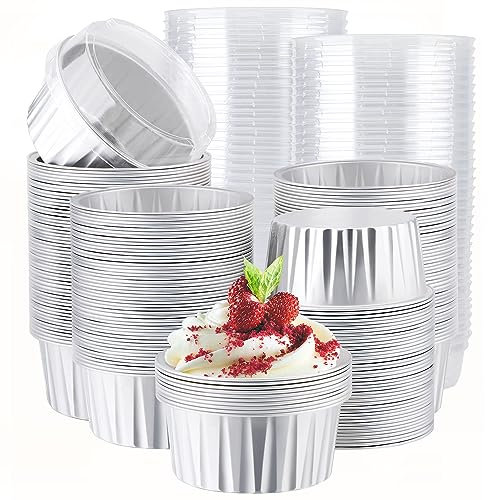 EUSOAR Forros plateados para cupcakes, 200 mini moldes de 5 onzas para hornear de papel de aluminio con tapas, tazas para magdalenas de pastel de queso, recipientes de postre desechables para flan,