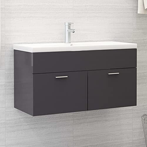 prissent Badezimmerschrank mit integriertem Waschbecken aus Spanplatte, Möbel mit Waschbecken, Badezimmermöbel, Hängemöbel, Holz, grau, glänzend