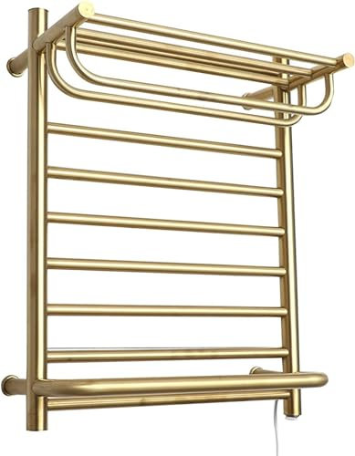 JQFDD Electric Heated Towel Rail with Shelf,Thermostat Towel Rack 304 stainless steel Gold Wall Mount Radiator for Bathroom,Energy Efficient