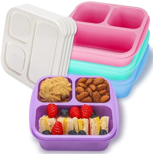 TOUWMX Lunchable Container, 4 Pack Bento Box For Kids, 3 Compartments Bento Snack Box Meal Prep Containers For Adults, Reusable Food Storage Containers Snack Containers for School, Work, Travel