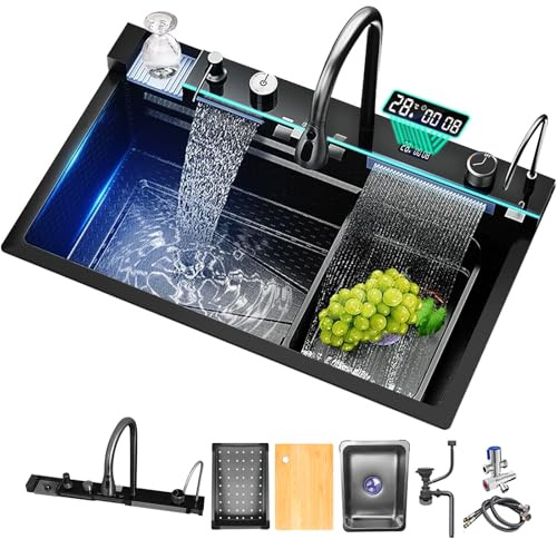 Küchenspüle mit Digitalanzeige Wasserfall-Spülbecken kontrollierter Abfluss auf der Arbeitsplatte, Tassenspüler, ausziehbarer Wasserhahn, Seifenspender, Schneidebrett Waschbecken Schwarz 75x46CM