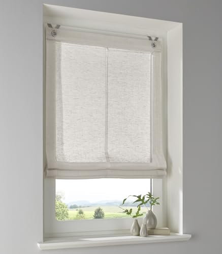 Raffrollo mit Ösen Brondy Taupe Natur halbtransparent Leinenoptik Raffgardine mit Hakenaufhängung ohne Bohren Breite 60 cm x Höhe 140 cm