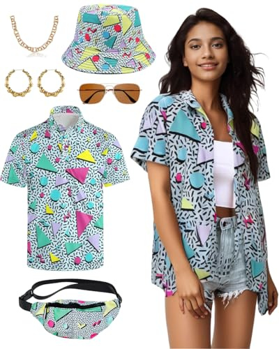Ginkago 80er 90er Jahre Kostüm Damen 80er Jahre Outfit Set mit Hawaii Shirt 80s Leggings Retro Fischerhüte Gläser Ohrringe Halskette Bauchtasche karneval Party Kostüm (Blau, XL)