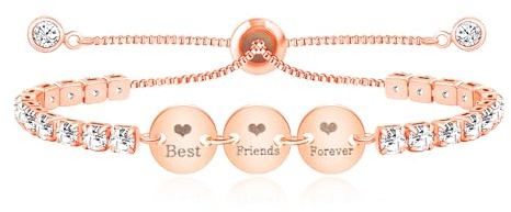 Zircobic Zartes und Stilvolles Roségold Gravur “Best & Friends & Forever” Tennis Armband, Funkelnde Damen Zirkonia Schiebeverschluss Verstellbare Armbänder, Geschenk für Freundinnen SA5163