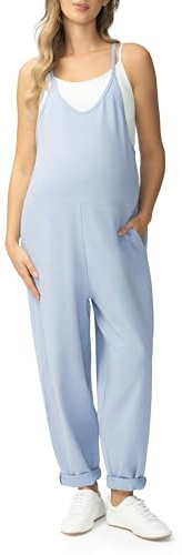 POSHDIVAH Women's Maternity Jumpsuit Pregnancy Casual Romper Onesie Spaghetti Strap Baggy Pants Overalls with Pockets, Placid Blue, Medium