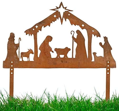Silhouette di presepe di Natale in metallo - Decorazione per il giardino di Natale per esterni | Set di presepi natalizi in metallo resistente alle intemperie con stecche | Decorazione natalizia