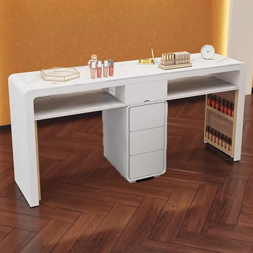TT-YEC Moderner Professioneller Maniküretisch, Maniküretisch Aus Holz Mit Glasplatte, Schubladen Und Offenem Stauraum, Tisch Für Schönheitssalon-Nagelstudio, Schwarz Und Weiß,Cl142cm