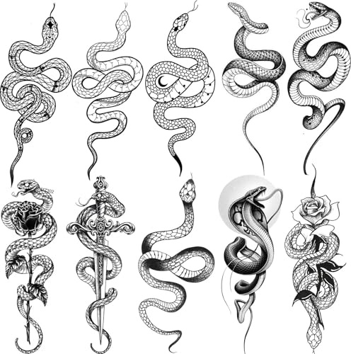 10 Sheets Sexy Realistic Snake Temporary Tattoos For Women Men Forearm Arm, 3D Halloween Tribal Cobra Mamba Viper Serpent Tattoos Temporary Adults Fake Tattoos Sticker Black Sword Rose Flower Tatoos