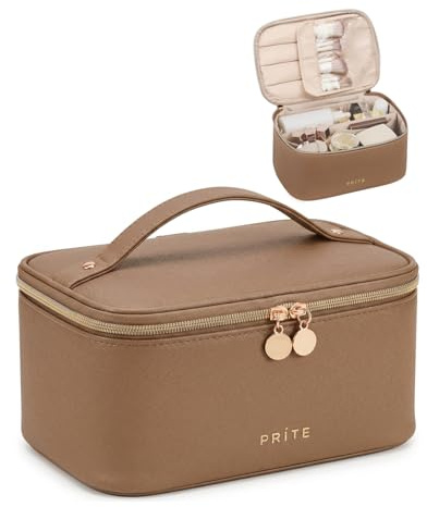 Prite Makeup Bag, Large Capacity Portable Travel Cosmetic Bag, Waterproof Makeup Organizer for Women with Handle and Divider (001 Brown)