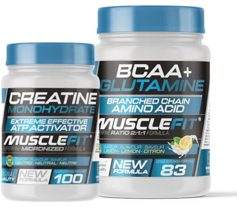 MuscleFit - Pack Glutamina + BCAA´s 500g Sabor Limón + Creatina Monohidrato 300g
