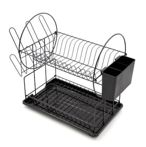 Anika 69159 2 Tier Dish Drainer Rack/Black Detachable Cutlery & Utensils Holder and Removable Drip Tray/Durable and Space Saving for Kitchen Countertop / 35 x 36 x 23.5 cm