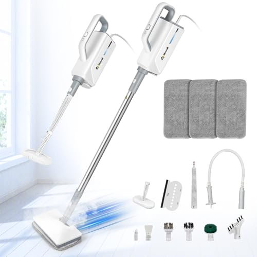 CGOLDENEWALL Scopa a Vapore Multifunzione, 360ml Serbatoio, con 12 Accessori per Pulizia, Cavo da 3m, Vapore a 2 Livelli, per Pavimenti, Piastrelle, Finestre