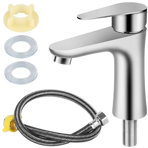 HIULLEN Petit robinet d'eau froide pour invités - Petit robinet d'eau froide - Robinet à levier unique pour salle de bain - Avec tuyau de raccordement de 60 cm - Petit robinet d'eau froide