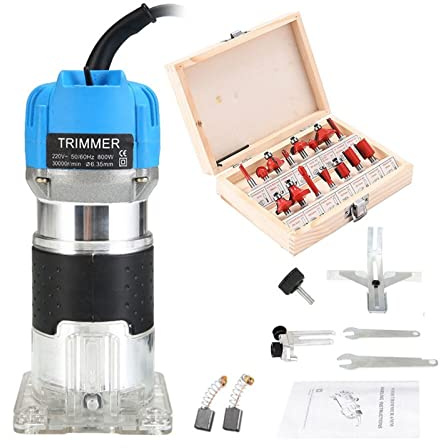 Fresadora de Madera Rebajadora Eléctrica, Kit de grabado eléctrico for carpintería con cortador de fresado de 15 piezas for enrutador de borde de recortadora eléctrica de madera 1/4 800W 30000rpm (6,3