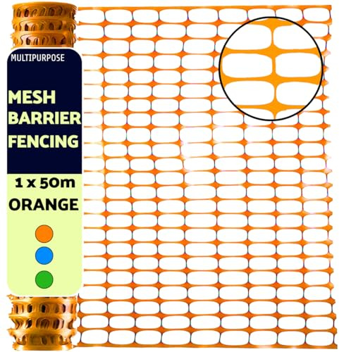 Heavy Duty Barrier Fencing Mesh 1m x 50m - Plastic Temporary Safety Fence for Construction, Work Sites, Garden, Pet Barriers, and Events in Orange, Green, Blue (Orange)