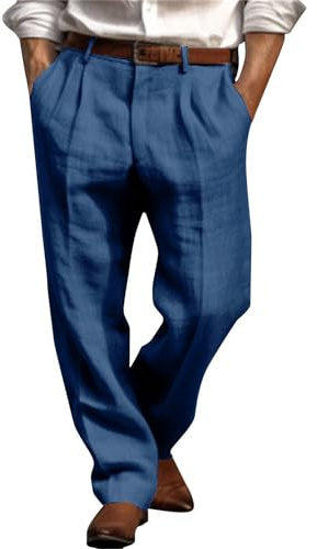 Pantaloni di Lino Cotone Uomo Pants Leggeri Eleganti Lunghi in Vita Pantalaccio a Gamba Dritta Estivi Spiaggia Elasticizzati Mare Pantalone Sportivi Casual in Cotone Lavoro Larghi Coulisse Tasche