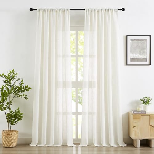 Abstractex Flax Linen Semi Sheer Curtains 72 Inch Drop for Bedroom Natural Beige Country Light Filtering Window Treatments for Living Room Privacy Elegant Drapes, 52 Wide 2 Panels Rod Pocket