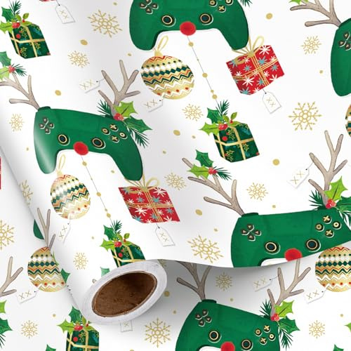 RUSPEPA Rollo De Papel De Regalo Navideño Gamer Para Niños, Diseño De Ciervo Con Control De Juego, Acebo Y Adornos, Papel De Regalo Blanco Y Verde Para Adolescentes Y Niños, 43,2Cm X 5M