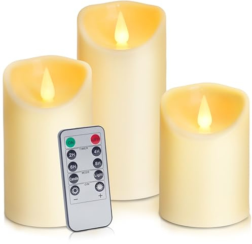 Auralome LED Electric Timer Candles - Battery Operated Plastic Pillar Candle with Remote Control Realistic Flickering Flame Candle Fake Lights Artificial Large Church Real Cande Outdoor Set of 3