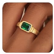 ZHESHY Birthstone Gold Rings for Women Non Tarnish Vintage Chunky Gemstone Emerald Green Rings 14K Gold Plated CZ Signet Thumb Rings Band Jewelry Gift for Birthday Size 7