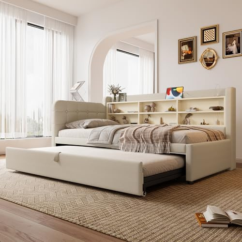 Polsterbett Schlafsofa 90x200, Bett mit Ausziehbett 90x189 cm, USB-Ladeanschluss und mehrere Ablagefächern, Bettgestell Funktionsbett Tagesbett Jugendbett mit Lattenrost, Leinen, Ohne Matratze, Beige