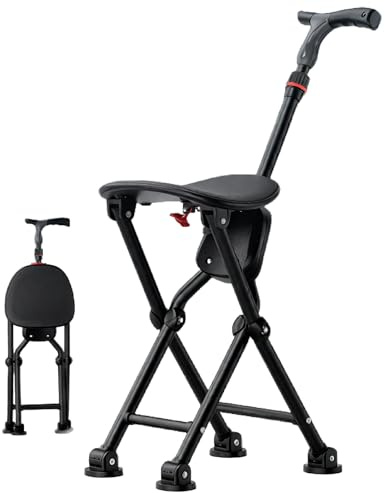 Bastone Sedia Pieghevole Portatile Bastone per Anziani con Seduta Leggero Deambulatore in Lega di Alluminio Portatile Antiscivolo Altezza Regolabile(Black)