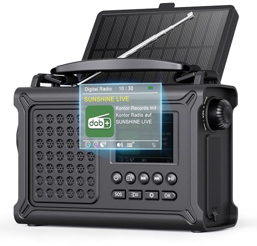ROCAM DAB Wind Up Solar Radio with Bluetooth 5.0, 12000mAh Rechargeable Battery, Crank Radio with 8500mm² Solar Panel, 2.4 LCD Color Display, 5W Flashlight for Emergencies & Outdoor & Camping