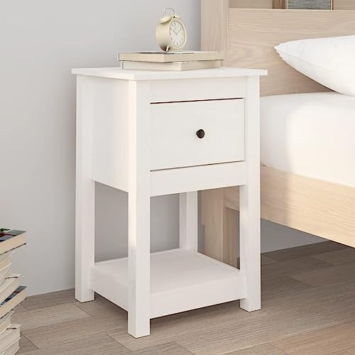 Comodino bianco 40 x 35 x 61,5 cm legno di pino massiccio, con cassetto per camera da letto, soggiorno, corridoio, pratico spazio e ripiano