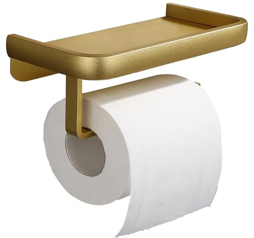 MENGCOOL Toalettpappershållare med hylla, väggmontering utan borrning, aluminiumlegering, svart, toalettpappershållare med mobiltelefonhållare för badrum (matt guld)