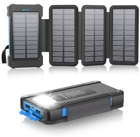 Chargeur Solaire 26800 mAh avec 4 Panneaux Solaires, Batterie Externe Solaire étanche avec Charge Rapide USB-C 18W pour Téléphones Portables, Tablettes, Ordinateurs (Bleu)