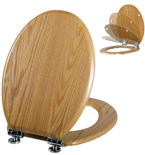 Angel Shield Wooden Toilet Seat with Soft Close Adjustable Quick Release Hinges, Moulded Wood Oval Toilet Seats with Bottom Fixings, Easy to Clean and Install