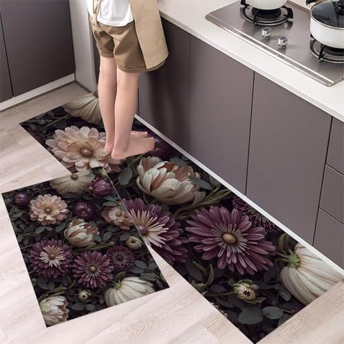 Set Di Tappeti Da Cucina E Tappetino Antiscivolo 2 Pezzi,Design Floreale Realistico Tappeti Resistenti E Anti-Fatica,Modello Di Dalia Viola Tappetino Lavabile Per Sala Da Pranzo, 50×80Cm+50×120Cm