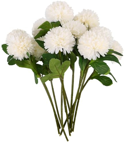 STAHAD 12 Piezas de Flores Artificiales de Crisantemo Bola con Hojas, Color Crema Claro, Ramos Decorativos para Hogar, Oficina y Fiesta de Boda, Centros de Mesa de Otoño