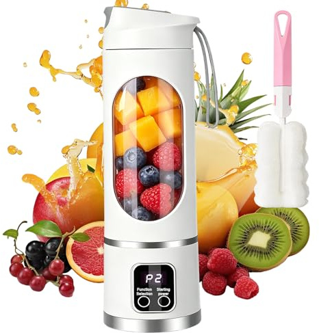 Portable Blender 450ml, Personal Blender USB Rechargeable, Cordless Mini Blender, Fruit Veggie Juicer Cup with 12 Blades, Digital Display, 3 Modes, for Smoothies, Shakes and Juices (White)