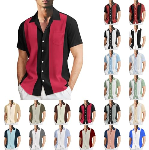 Chemise bowling vintage pour homme - Manches courtes - Style rétro rockabilly des années 1950 - Fermeture à boutons - Musique - Chemise hawaïenne - Bicolore - Rayée - Chemise d'été décontractée