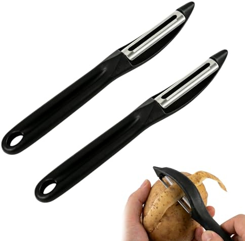 Lot de 2 Éplucheurs Légumes avec Lame Dentée en Inox, Économe Universel pour Pommes de Terre Carottes Kiwis Tomates, Ustensile de Cuisine Noir