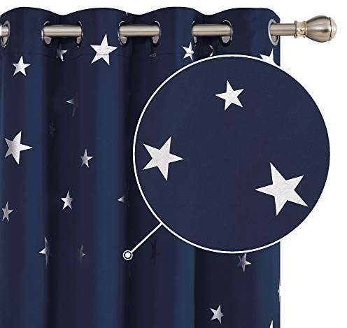 Deconovo Blickdichte Vorhänge für Wohnzimmer, Gardinen Fenster Sonnenschutz, Vorhang Modern mit Muster Sterne, 183x168 cm(HöhexBreite), Dunkelblau, 2er Set
