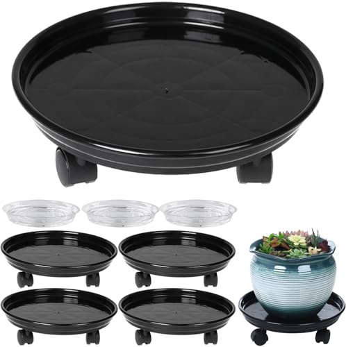 Circloophs 5 Packs Plastic Plant Caddy with Casters 12 Heavy-duty Plant Dolly Rolling Plant Stand with Wheels for Moving Heavy and Large Plant Pot Saucers Plant Rollers Indoor and Outdoor, Black