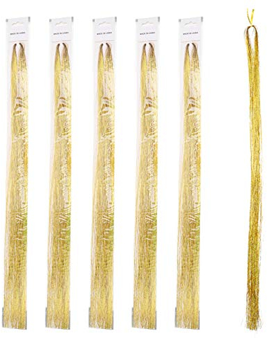 FRCOLOR 750Pcs Haar Lametta Strähnen Funkelnde Party Lametta Haarverlängerungen Highlights Synthetische Bling Haarsträhne Haarschmuck für Frauen Mädchen Puppe Golden 120Cm