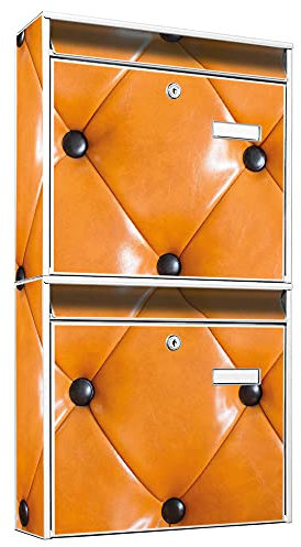 banjado Briefkastenanlage 2 Fach - 2 Briefkästen 36x64x10cm groß - Doppelbriefkasten Set - Namensschild, 2 Schlüssel, Montagematerial - Stahl verzinkt weiß - Motiv Polster Orange