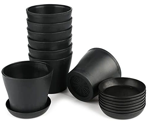 KINGLAKE 8 Stück 10cm Blumentöpfe Pflanztöpfe Klein, übertopf Pflanztopf Anzucht Plastik mit Untersetzer, Blumentopf kunststoff Set, Topf Kleine Flower Pot für Pflanzen Kakteen Sukkulenten-Schwarz
